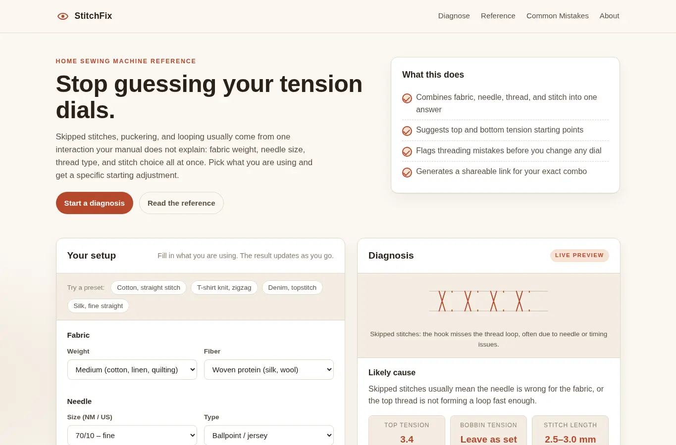 Screenshot of StitchFix – Home Machine Tension Troubleshooter interface showing the project page in use